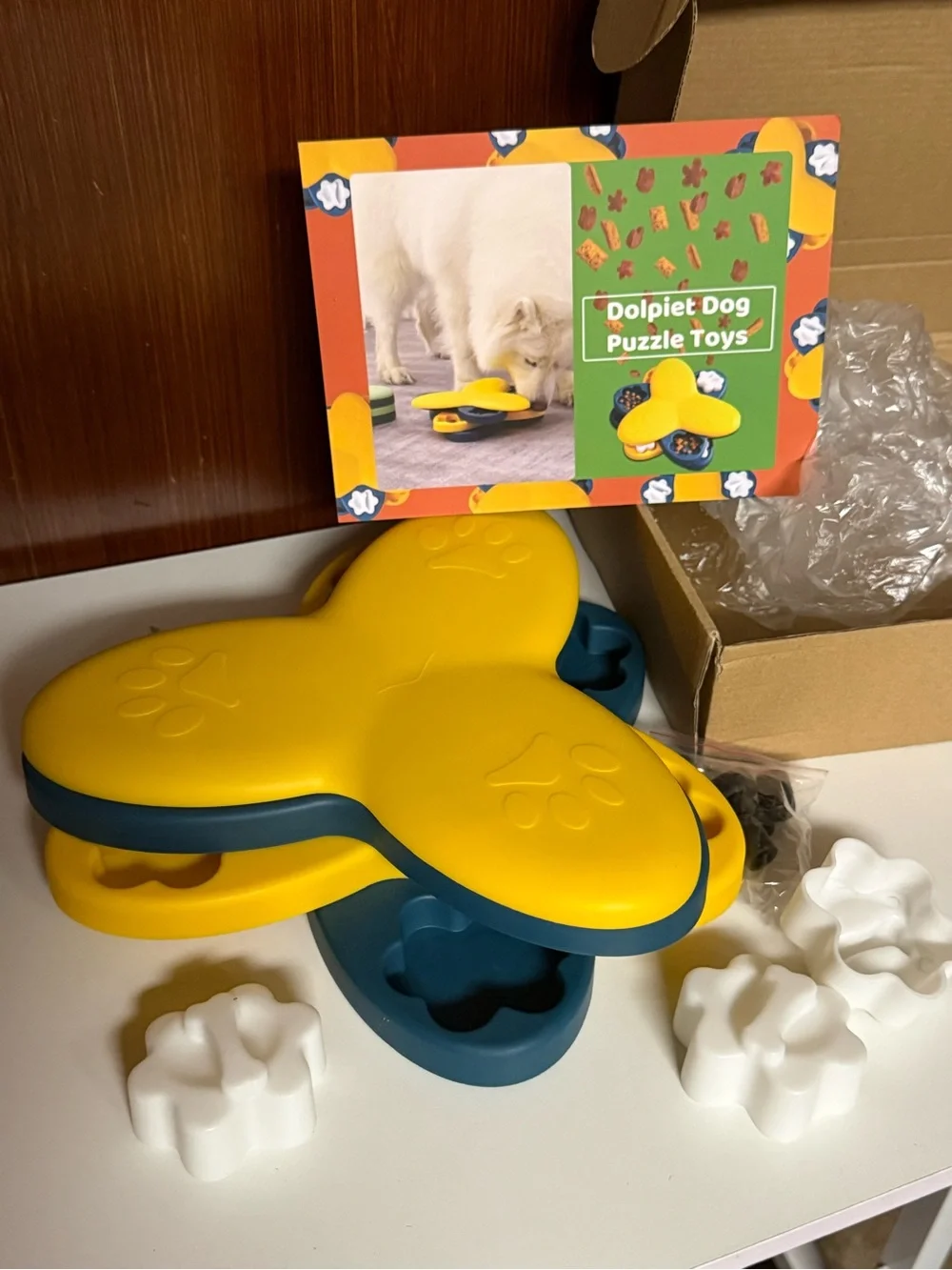 Interactive Yellow and Teal Dog Puzzle Feeder Toy